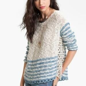 FREE PEOPLE FRENCH CREEK COTTON SLUB KNIT STRIPED SWEATER W/ CROCHET SIDES S
